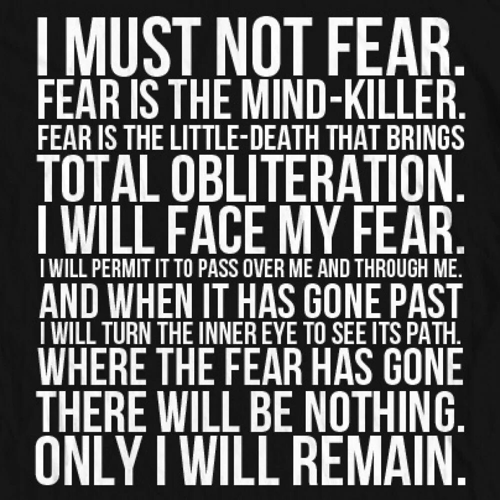 Life is fear. Fear is. Fear is the little Death that brings total Obliteration. Fear is the Mind-Killer. Fear is a Mind Killer Дюна.