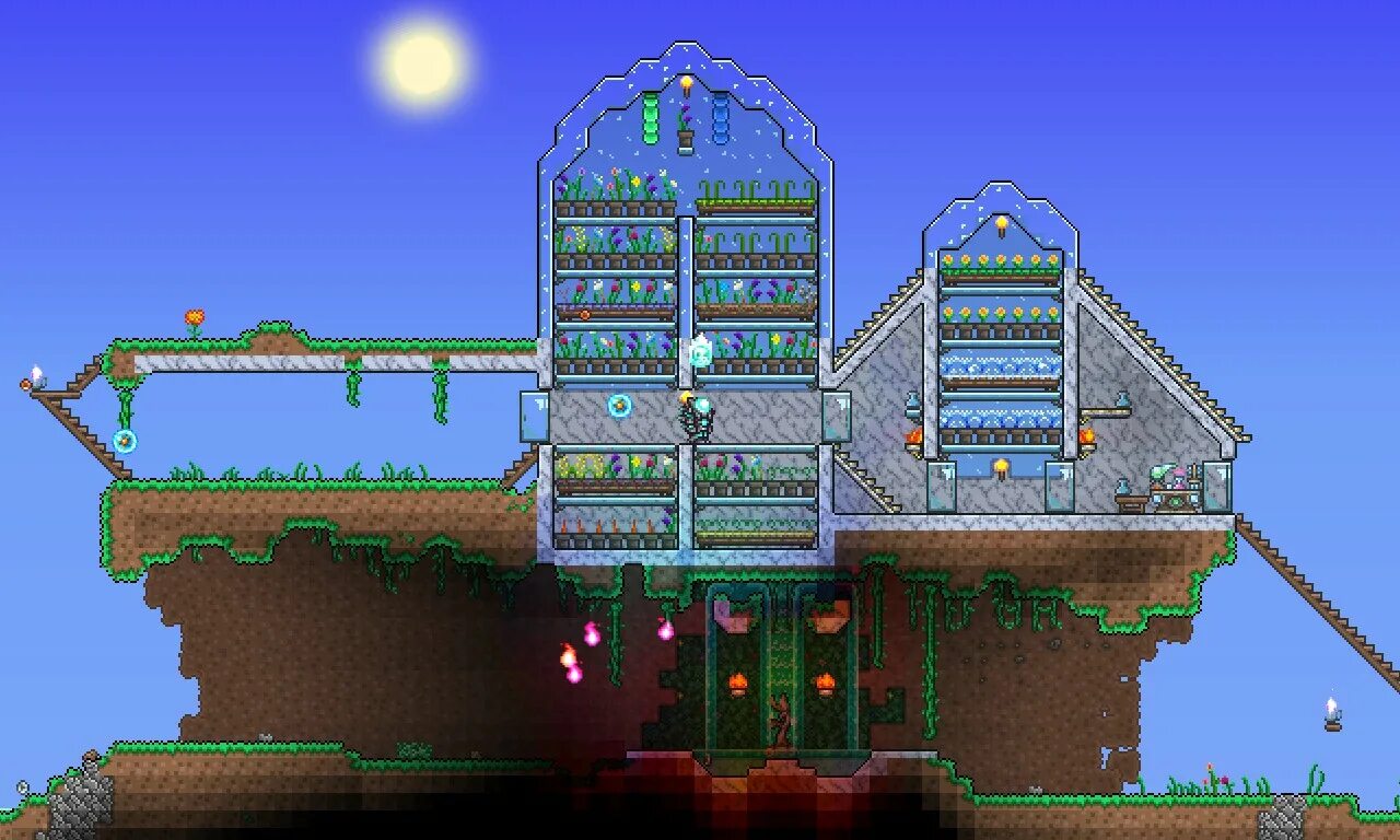 Terraria build. Фермы в террарии 1.4. Террария 1.4.4. Оранжерея террария. Террария Нью ворлд.