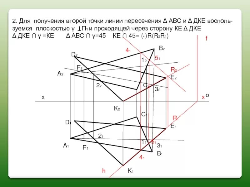 Определить пересечение. Построение линии пересечения плоскостей. пересечение плоскостей начертательная геометрия. вспомогательные плоскости начертательная геометрия. линия пересечения плоскостей на эпюре.