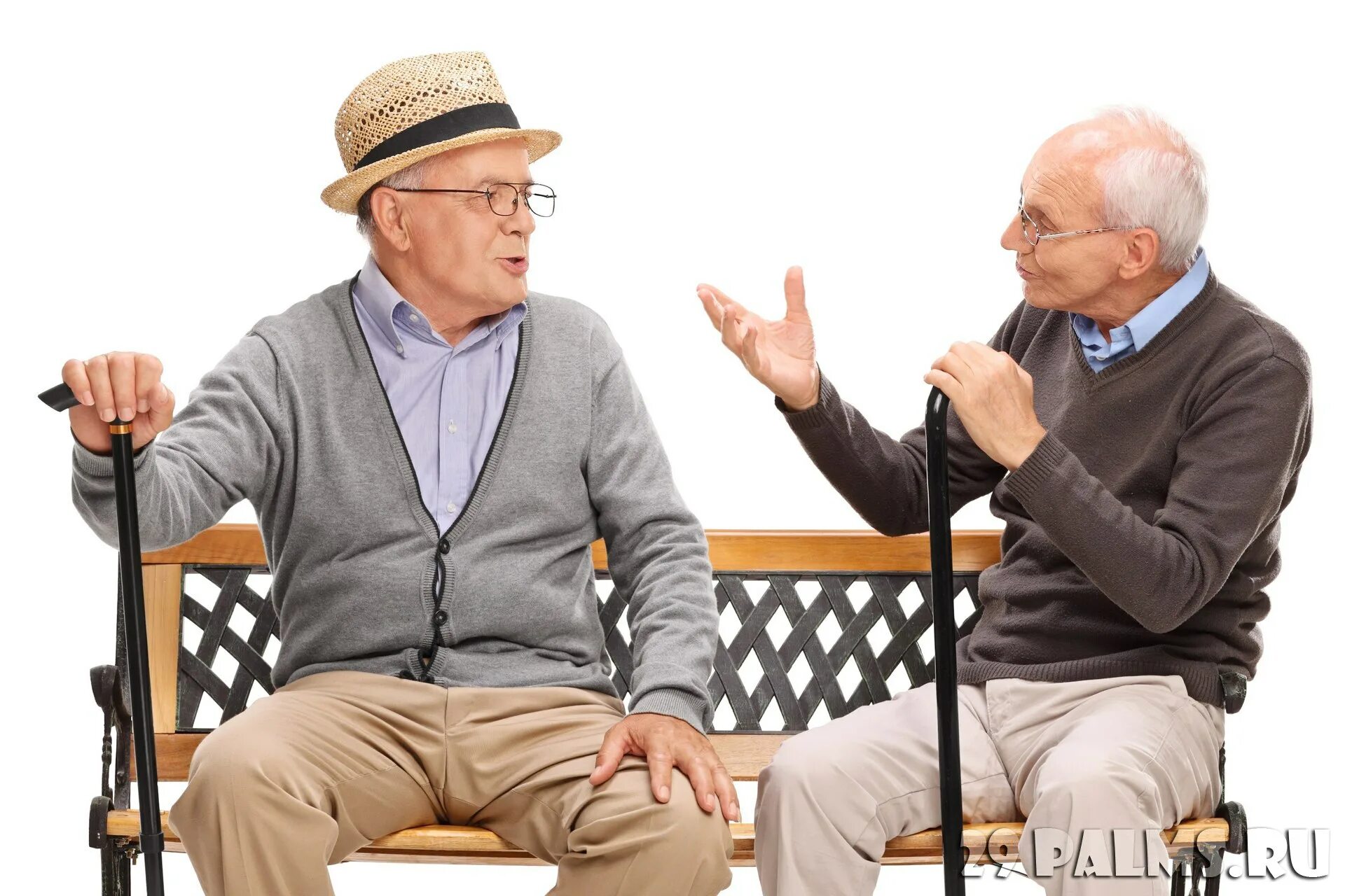Разговор старой. Старики разговаривают. Два старика. Два пожилых мужчины. Разговор на скамейке.