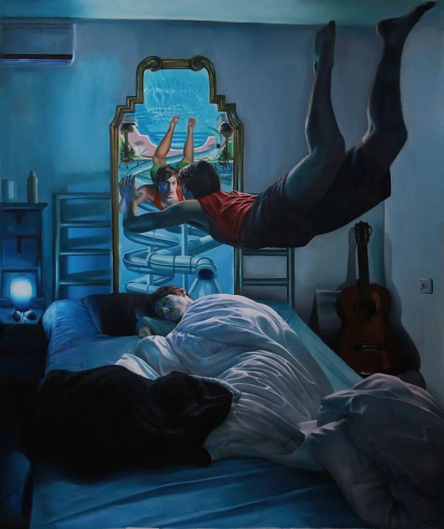 Чужая кровать спать. Нетанел Моран художник. Осознанный сон. Осознанный сон арт. Странные сны.