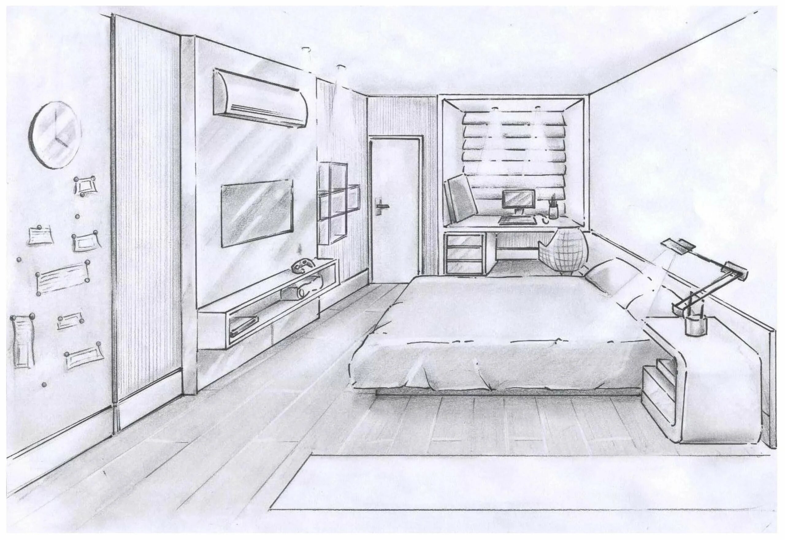 Рисунок комнаты. Комната карандашом. Зарисовка интерьера комнаты. Дизайнерский проект комнаты карандашом. Рисунок комнаты 7 класс легко