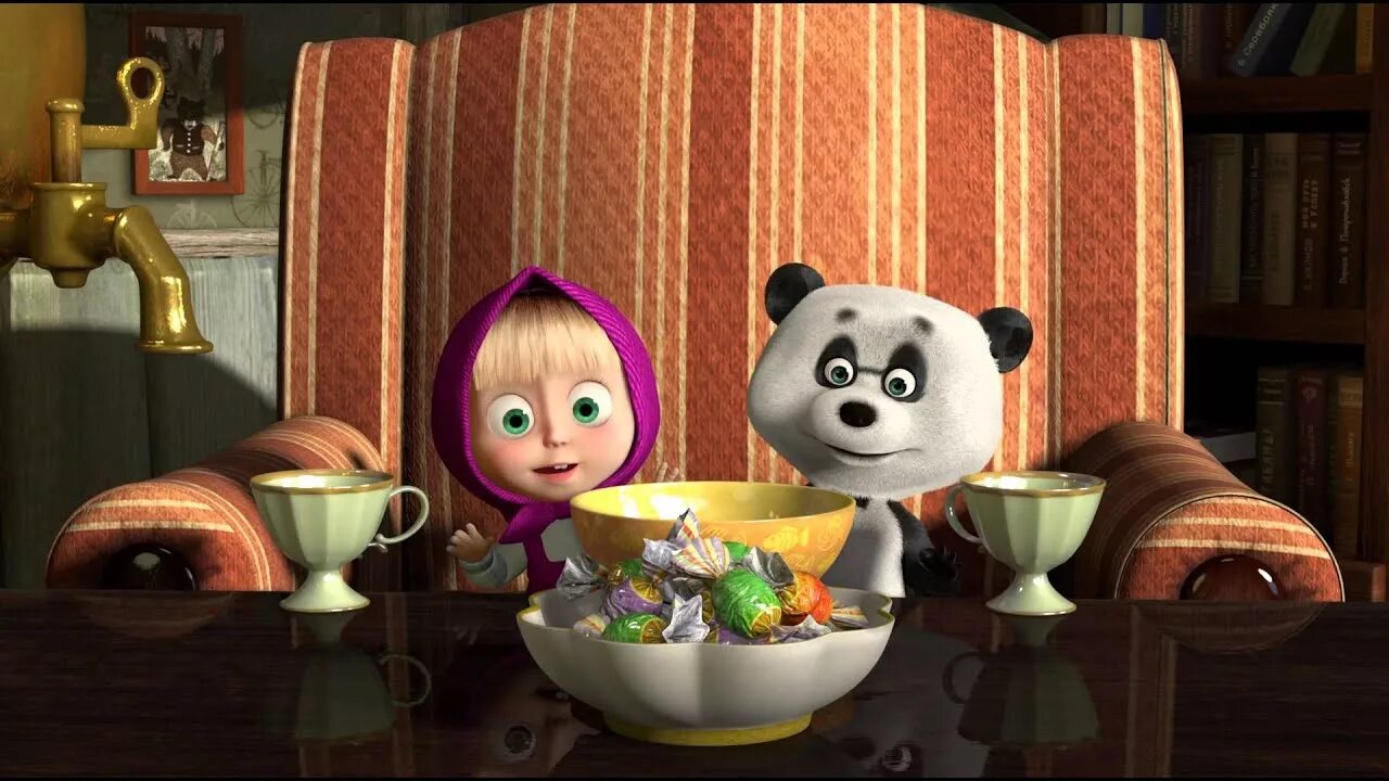 Машка ест. Маша и Панда из Маши и медведя. Маша и медведь за столом.