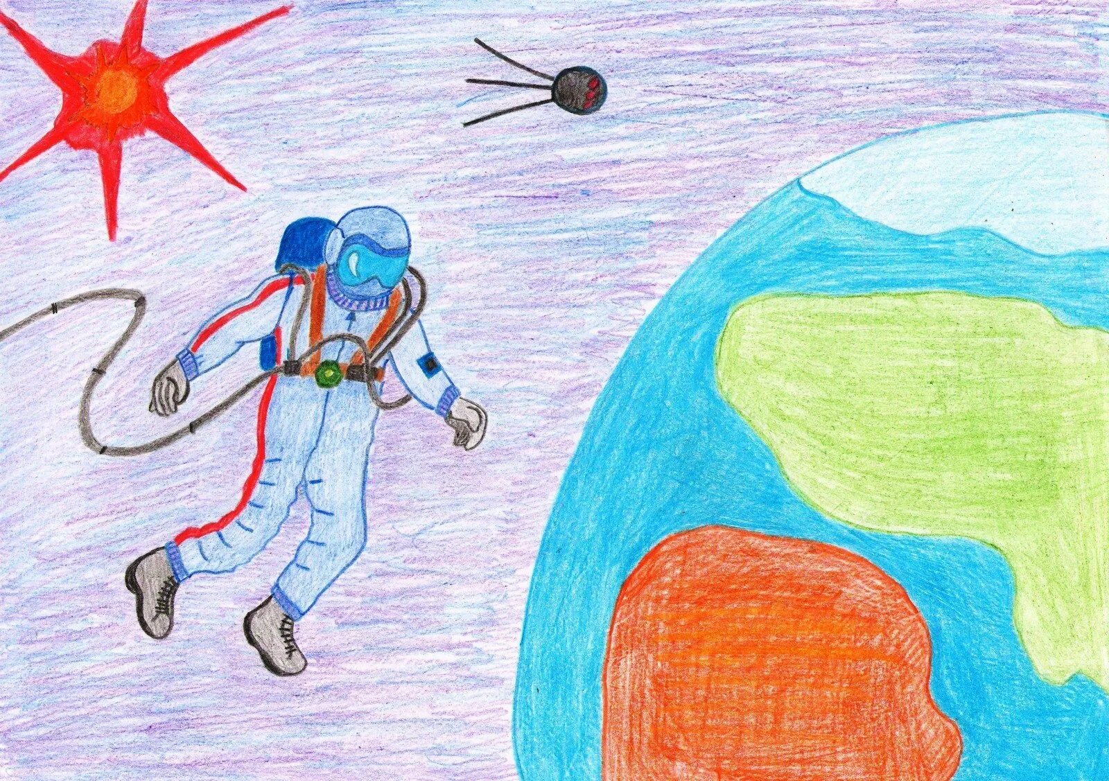 Рисунок на тему космос. Детский рисунок на тему космос. Рисунок на тему человек и космос. Рисунок ко Дню космонавтики. Рисунок на тему космонавт