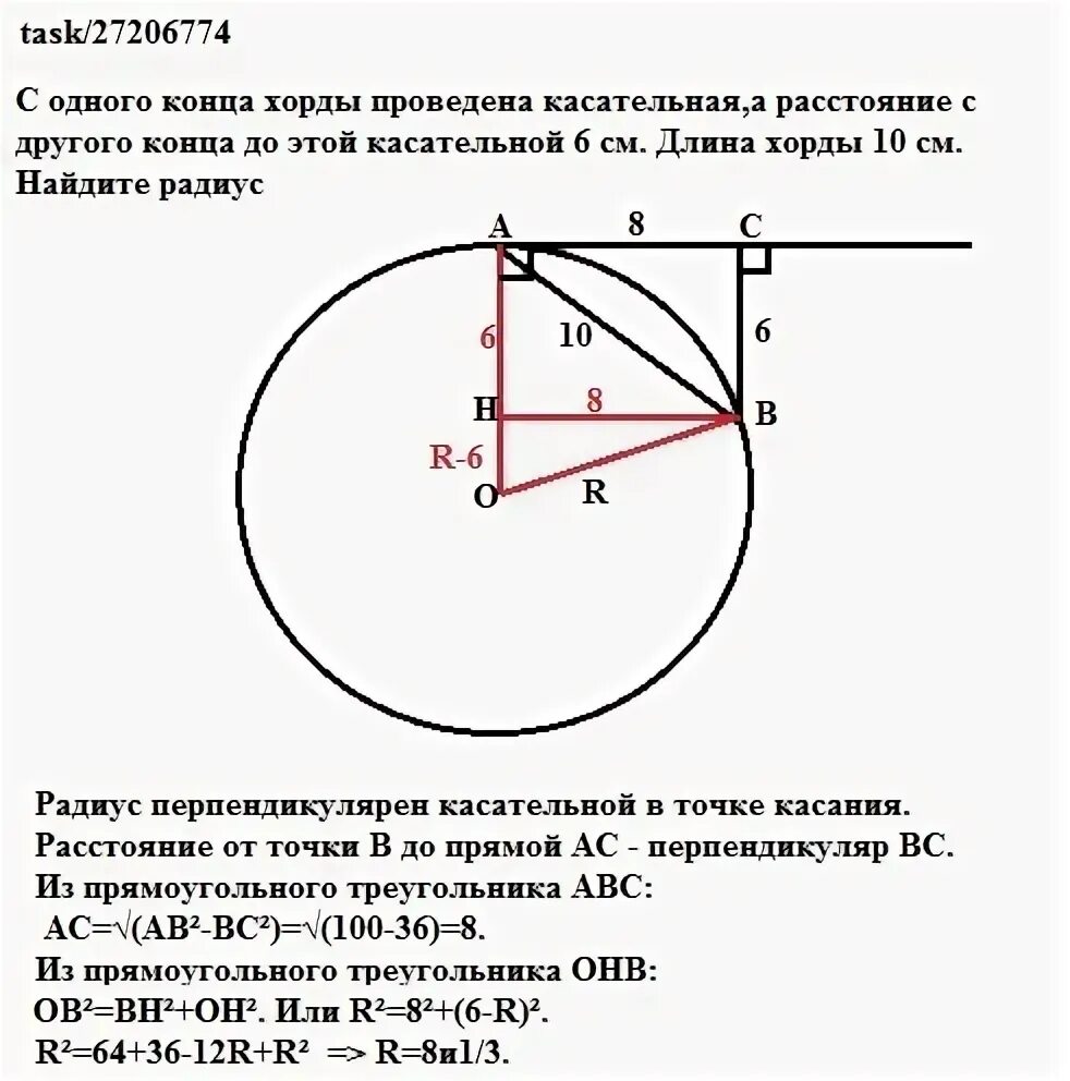 Хорда соединяющая точки касания