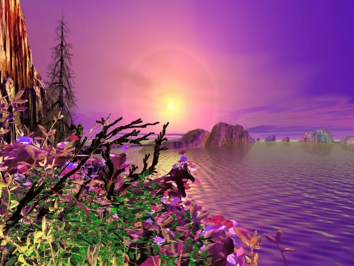 Мираж летний. Фэнтези пейзажи. Фиолетовая природа. Райская природа. Фиолетовый мир.