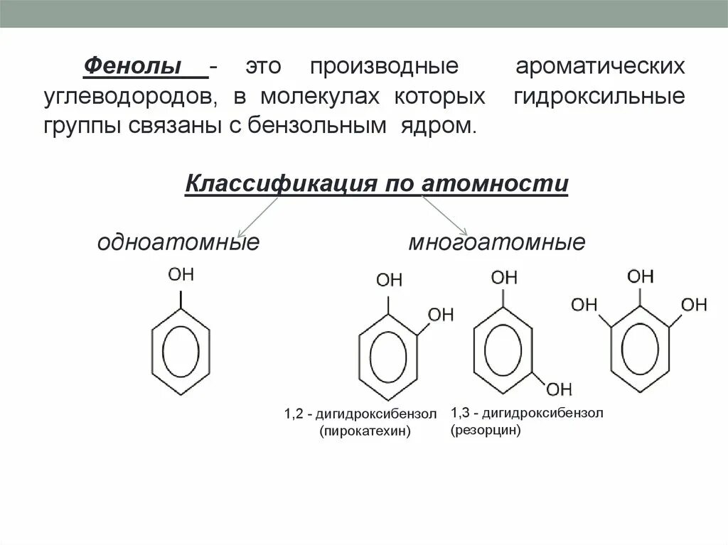 Гидроксильная группа в бензольном кольце. Фенол с 2 он группами. Фенол с 3 гидроксильными группами. Гидроксильные соединения. Фенолы.. Классификация фенолов по атомности.