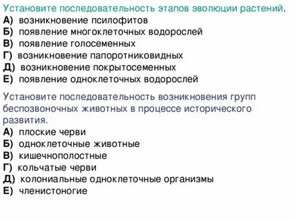Последовательность эволюции групп растений
