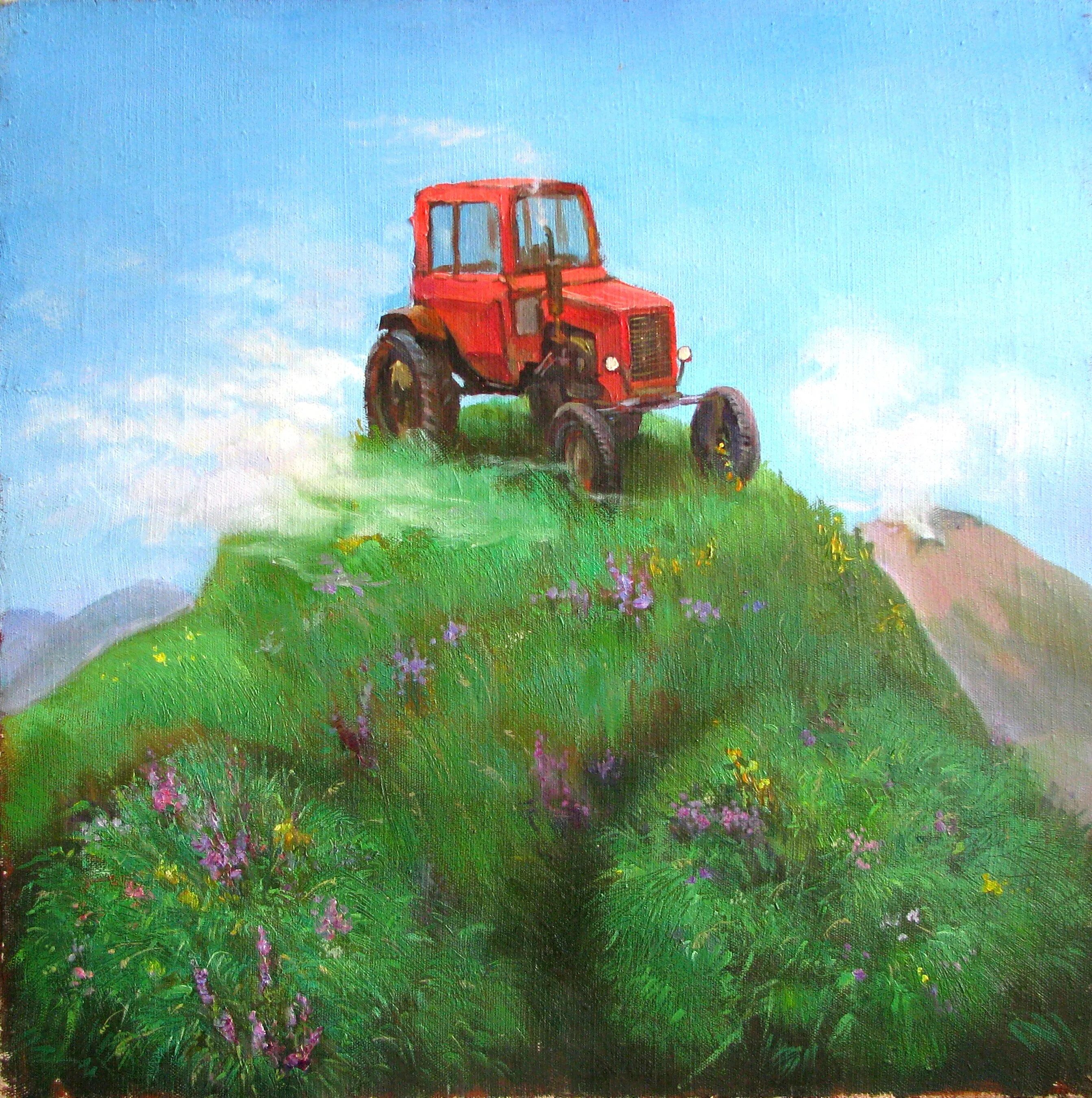 Полям красный трактор. Трактор картина. Трактор в поле. Пейзаж с трактором. Пейзаж с трактором живопись.