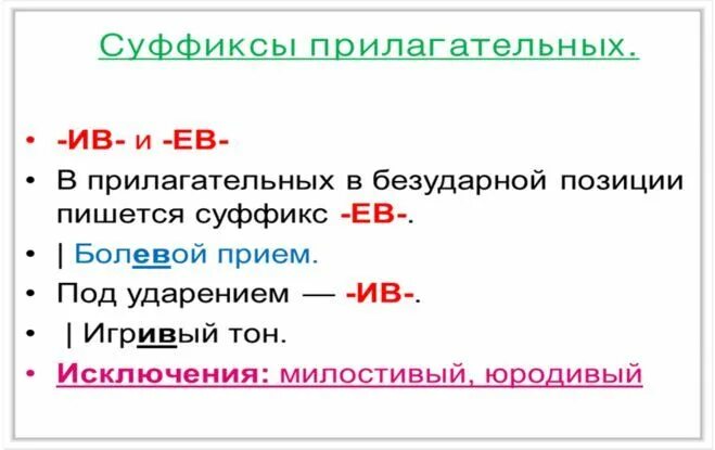 Как правильно пишется присутствует. Правописание суффиксов Ив ев. Суффиксы Ив ев в прилагательных правило. Правописание суффиксов ев Ив в прилагательных.