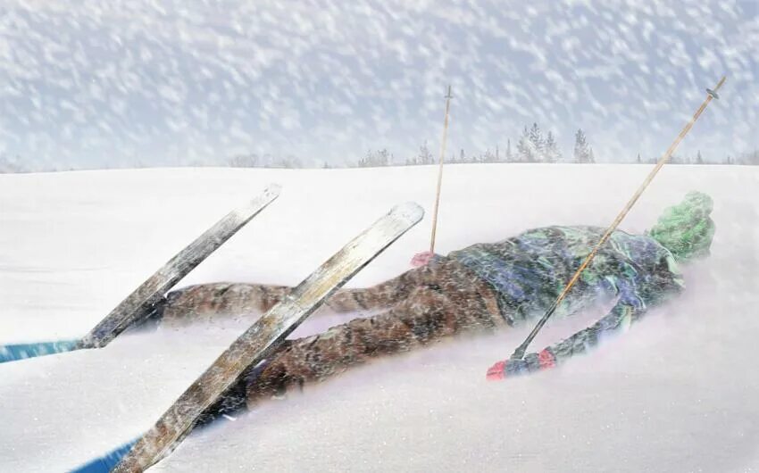 Замерзший лыжник. Лыжник в снегу. Лыжник падает. Лыжи воткнуты в снег. От холодного встречного ветра у лыжников замерзли