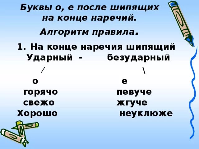 О Е после шипящих на конце наречий. Правило о е после шипящих в наречиях. Буквы о и е после шипящих на конце наречий. Оё после шипящих на конце наречий.