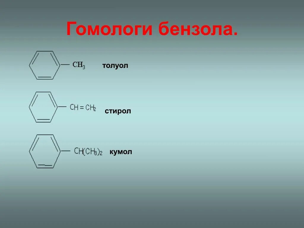 Непредельные гомологи бензола. Толуол ксилол кумол Стирол. Кумол гомолог бензола. Гомологи кумола. 1 этин бензол