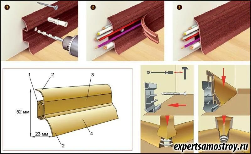 Как приделать плинтуса. Крепление плинтусов пластиковых с кабель каналом к стене. Шаг крепления плинтуса саморезами. Плинтус напольный пластиковый с кабель каналом крепление к стене. Как крепить плинтус пластиковый к стене из бетона с кабель каналом.