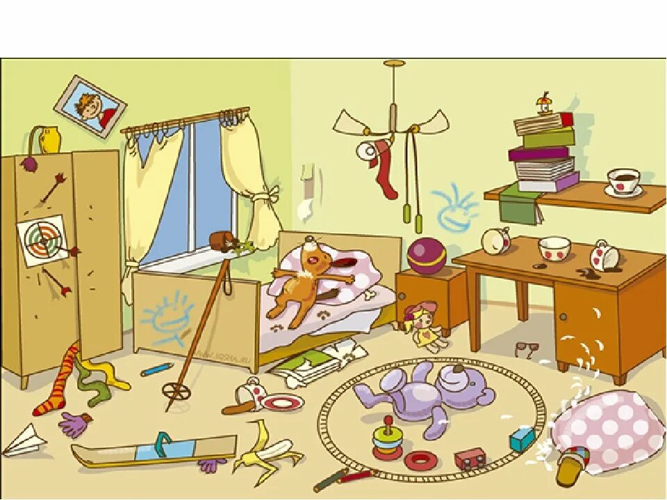 Приходи в комнату. Комната с предметами. Э Успенский разгром. Предметы в комнате для дошкольников. Беспорядок иллюстрации.