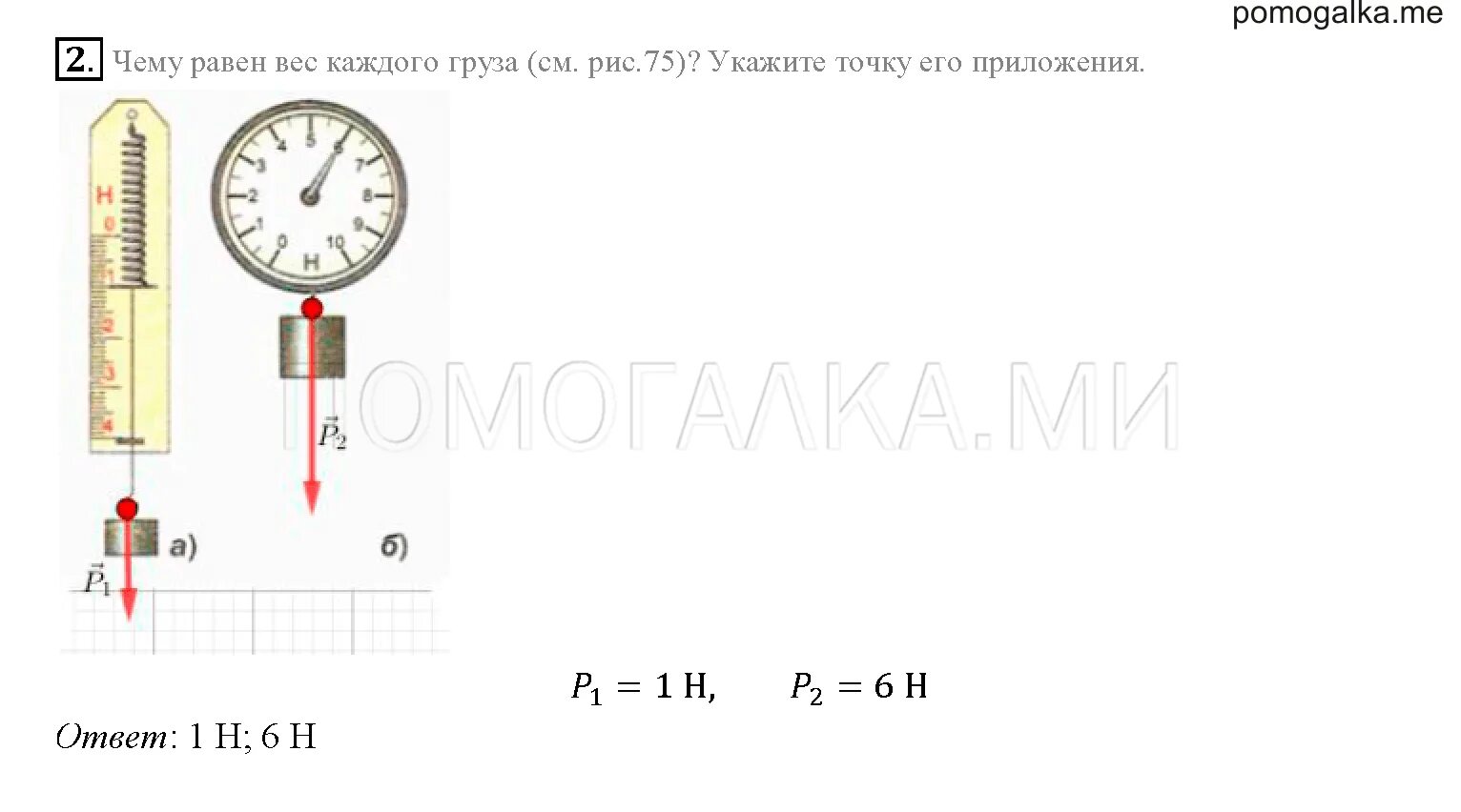 Учебник перышкин 7 класс физика тест. Динамометр физика 7 класс перышкин. Чему равен вес каждого груза. Чему равен вес каждого груза см рис 75 укажите точку его приложения.