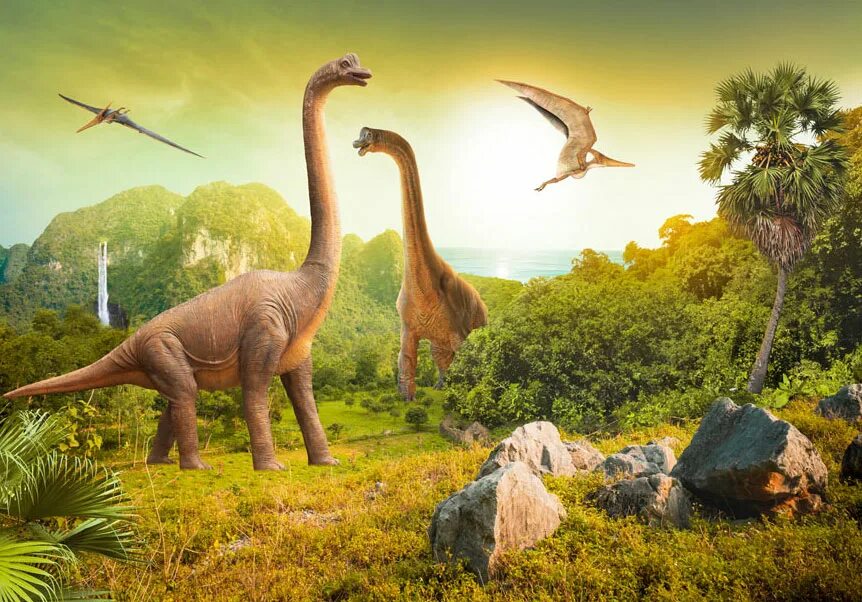 Динозавры Юрского периода. Юрский период мезозойской эры. Мезозойская Эра Брахиозавры. Пейзаж с динозаврами. Урок мир динозавров