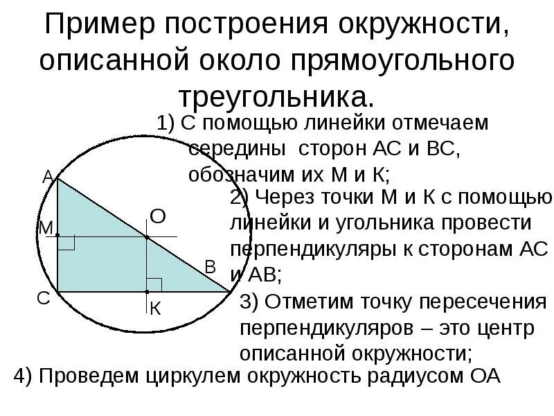 Какой треугольник называют вписанным в окружность. Окружность описанная около прямоугольного треугольника. Центр описанной окружности прямоугольного треугольника. Описанная окружность около прямоугольного треугольника построение. Построить описанную окружность около прямоугольного треугольника.