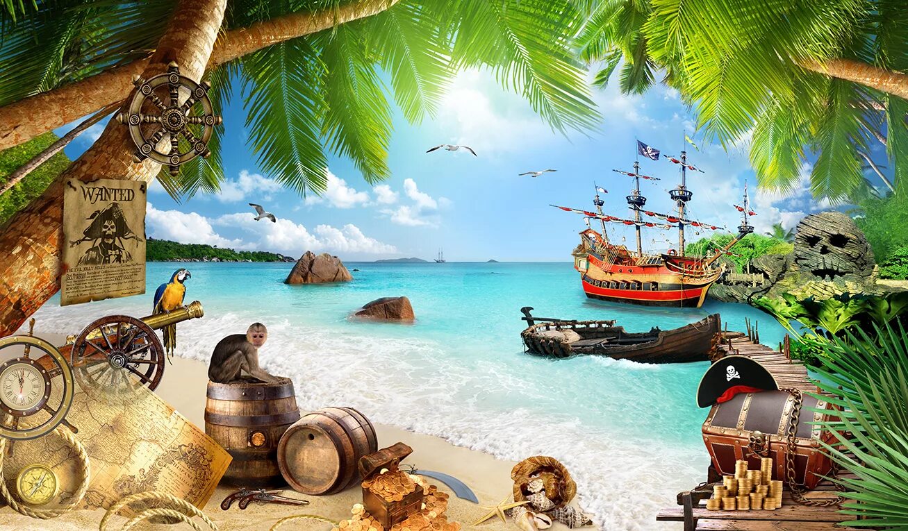 Остров сокровищ в Карибском море. Пиратская тема. Пиратский корабль и остров. Пиратский фон. Приключенческая тематика