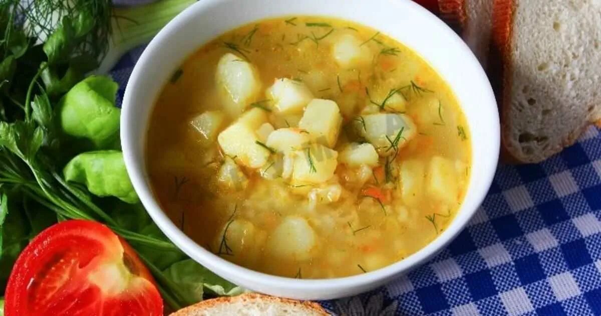 Суп картофельный (с клецками и шпиком). Рисовая похлебка. Суп с рисом. Суп с рисом и картофелем.