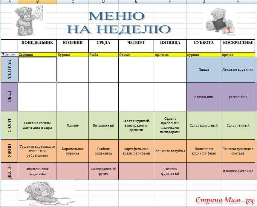 Рецепты план на неделю. Меню на неделю для семьи из 4 человек таблица. Недельное меню таблица. Меню на неделю с рецептами и списком продуктов для семьи из 4. Меню на неделю для семьи из 4 человек с рецептами и списком.