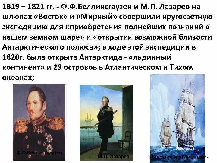 Открытия м п лазарева. 1819-1821 Беллинсгаузен Лазарев 1819. Русские путешественники Лазарев и Беллинсгаузен. Путешествие ф ф Беллинсгаузена и м п Лазарева.