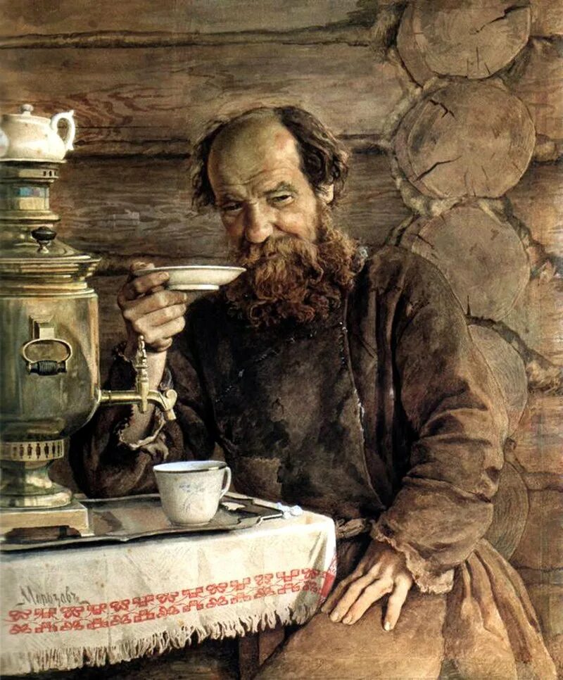 Русские мужики пьют. Ф Коваленко за чаепитием.