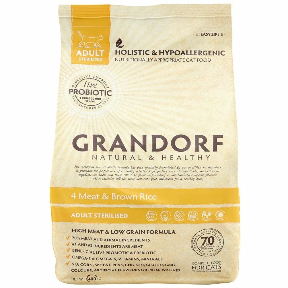 Grandorf 4 meat & Brown Rice Adult Sterilised 2 кг. Корм для кошек Grandorf 4 meat & Brown Rice Sterilized. Grandorf sterilised для стерилизованных кошек
