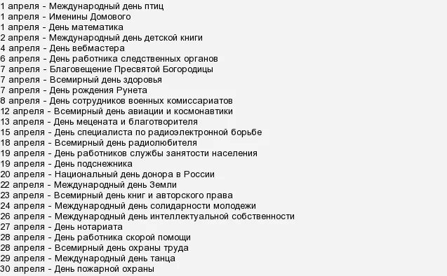 Апрель дата. Праздники в апреле. Праздники в апреле в России. Какие праздники вопрели. Список праздников в апреле на каждый день.