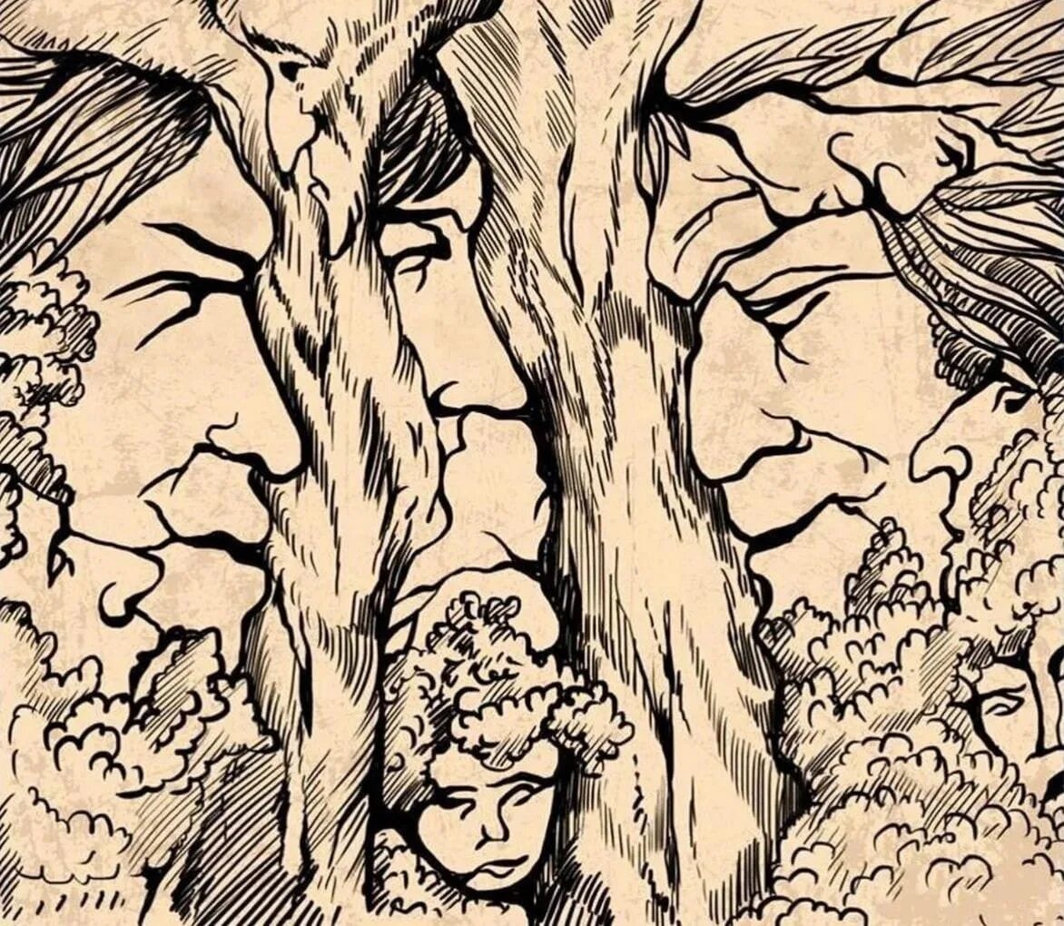 Японский обман. Иллюзия дерево с лицами. Психологические картины. Сколько лиц на картинке. Картины иллюзии.