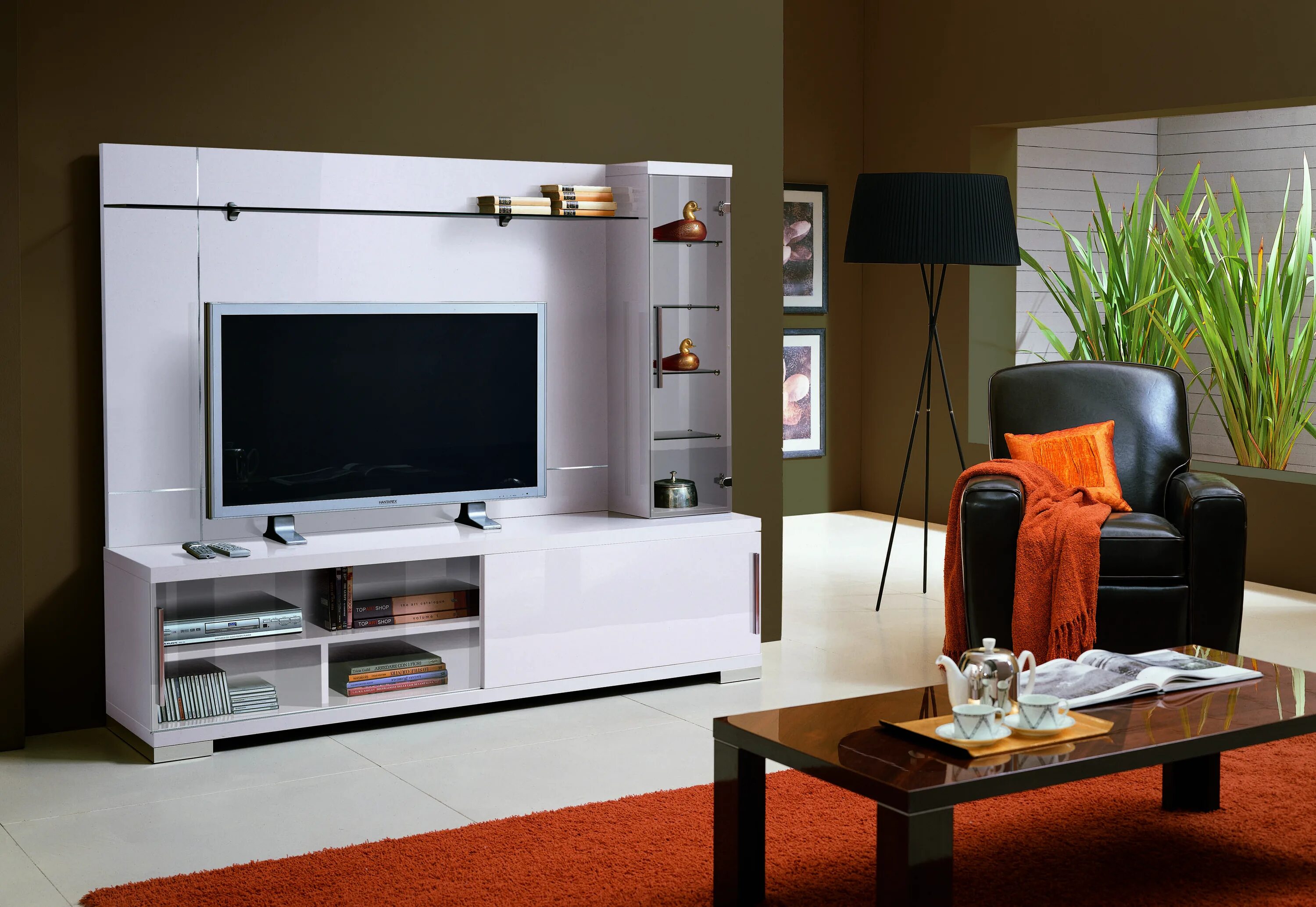 Entertainment unit. Living room white gloss. Стеллаж для телевизора. Hotel furniture set tv stand. Полка над телевизором.