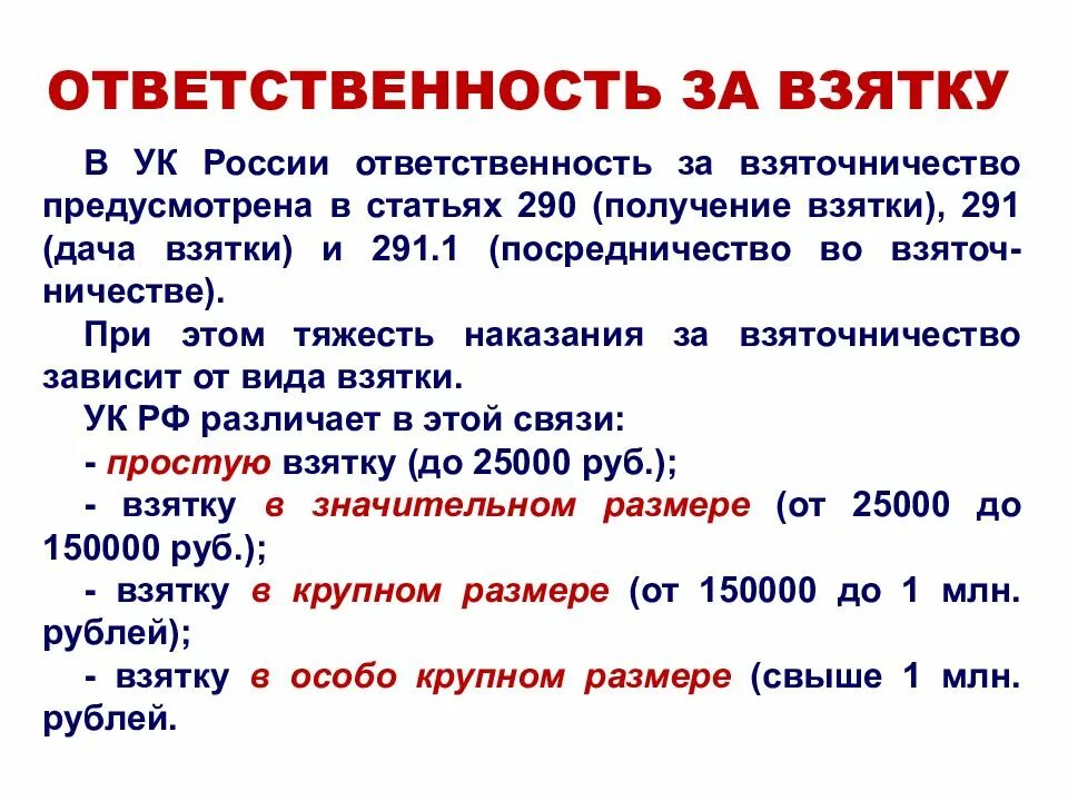 Взятка сумма ответственность