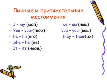 Вставь недостающие местоимения my his her its