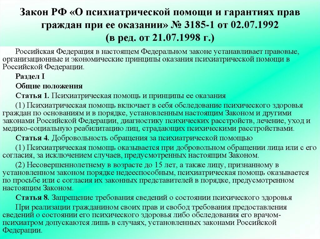 Какой документ гарантирует право на труд. ФЗ об образовании лиц с ограниченными возможностями здоровья. Законодательство в области психиатрии. ФЗ О психиатрической помощи. Основные законодательства РФ В области психиатрии.