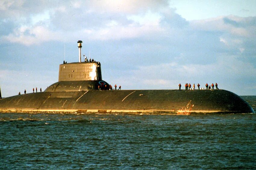 Typhoon submarine in the floating dock at naval yard No. 82 in Safonovo north of