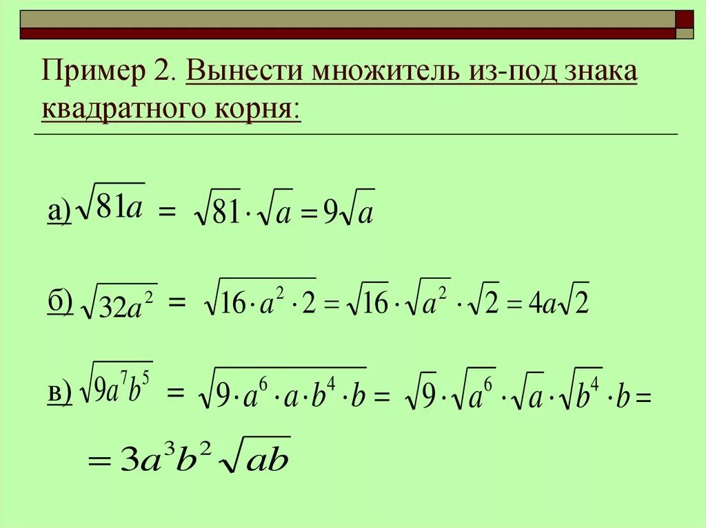 Выражения с квадратными корнями. Как выносить множитель из под знака корня с буквами. Вынесение множителя под знак корня. Вынесение общего множителя из под корня. Вынесите множитель из под знака Корн.