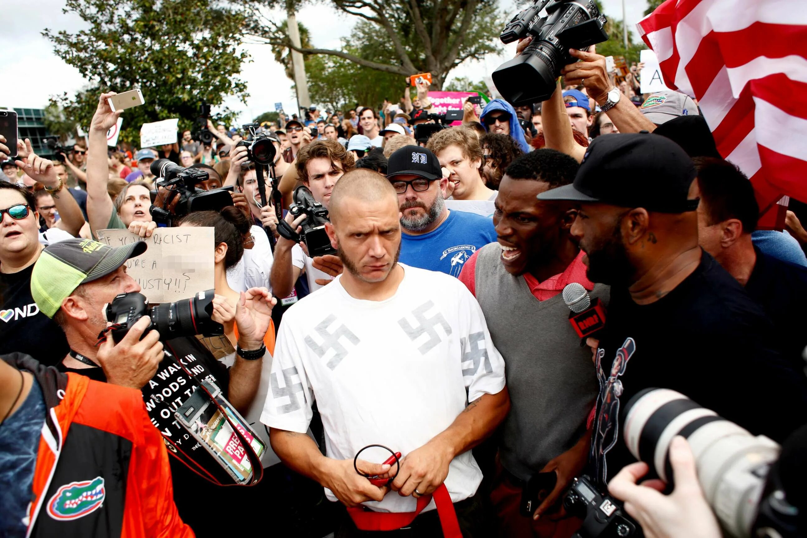 Near crowd. Ban White man. Skinhead antifascist. Richard Spencer with Jews. White Nationalism.