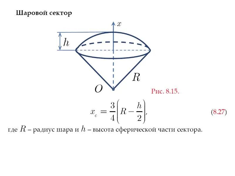 Шаровой сектор. Объем шарового сектора. Высота шарового сектора. Радиус шарового сектора.