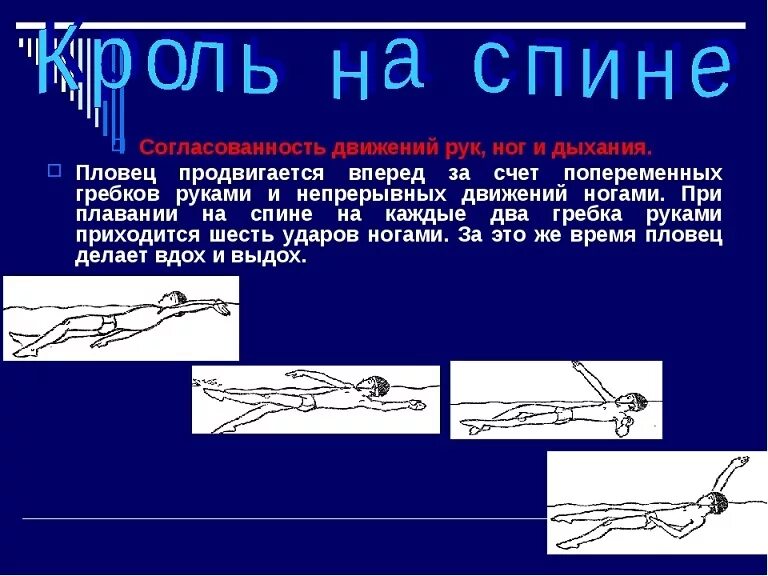 Методика плавания кролем. Движение рук и ног в плавании кролем. Техника гребка кролем на спине. Дыхание при плавании Кроль на спине на спине. Фазы гребка в кроле на спине.