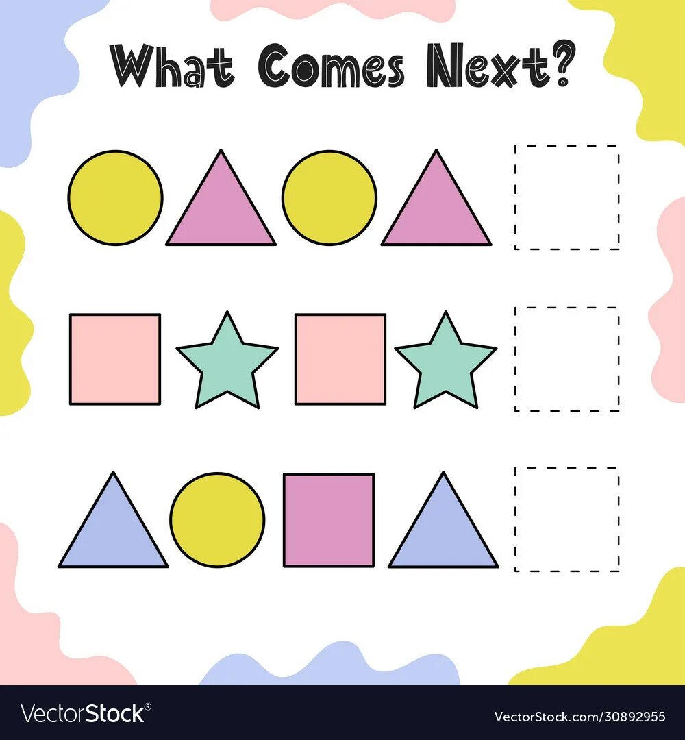 What comes next. Worksheet Shapes what comes next. What comes next logical pattern Kids. Continue the pattern for Kids. Complete the pattern.