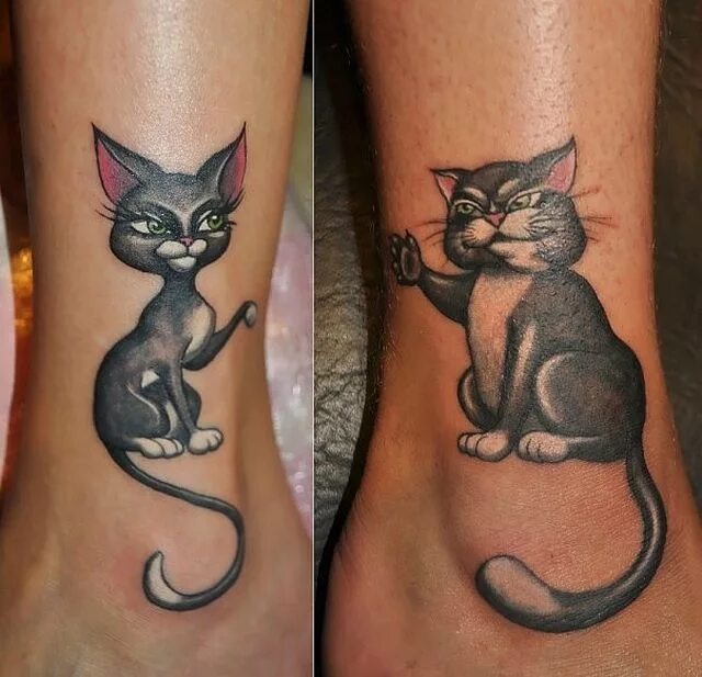 Татуировка кот значение. Парные тату котики. тату кот на ноге. тату кошка на ноге. парная тату кошка.