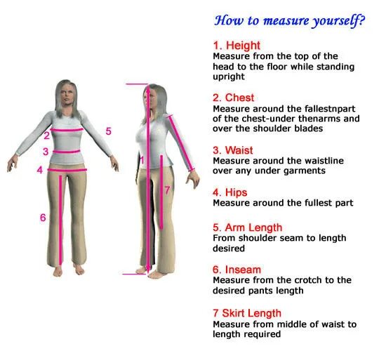 Length required. Body measurements. All measurements in Lis for the Costume in movie.