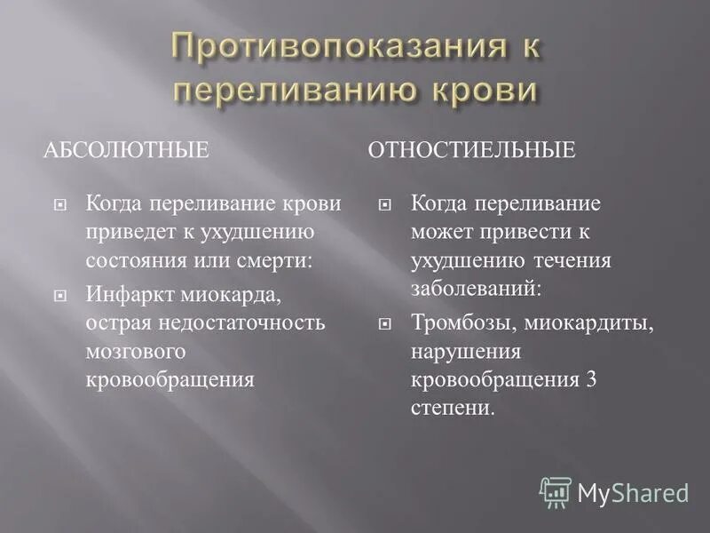 Относительное противопоказание к переливанию крови тест. Показания и противопоказания к переливанию крови. Противопоказания к переливанию крови и её компонентов. Абсолютные противопоказания к переливанию крови.