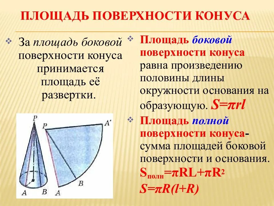 Площадь боковой и полной поверхности конуса. Площадь боковой развертки конуса формула. Площадь боковой поверхности 5 конуса. Площадь боковой повер конуса.