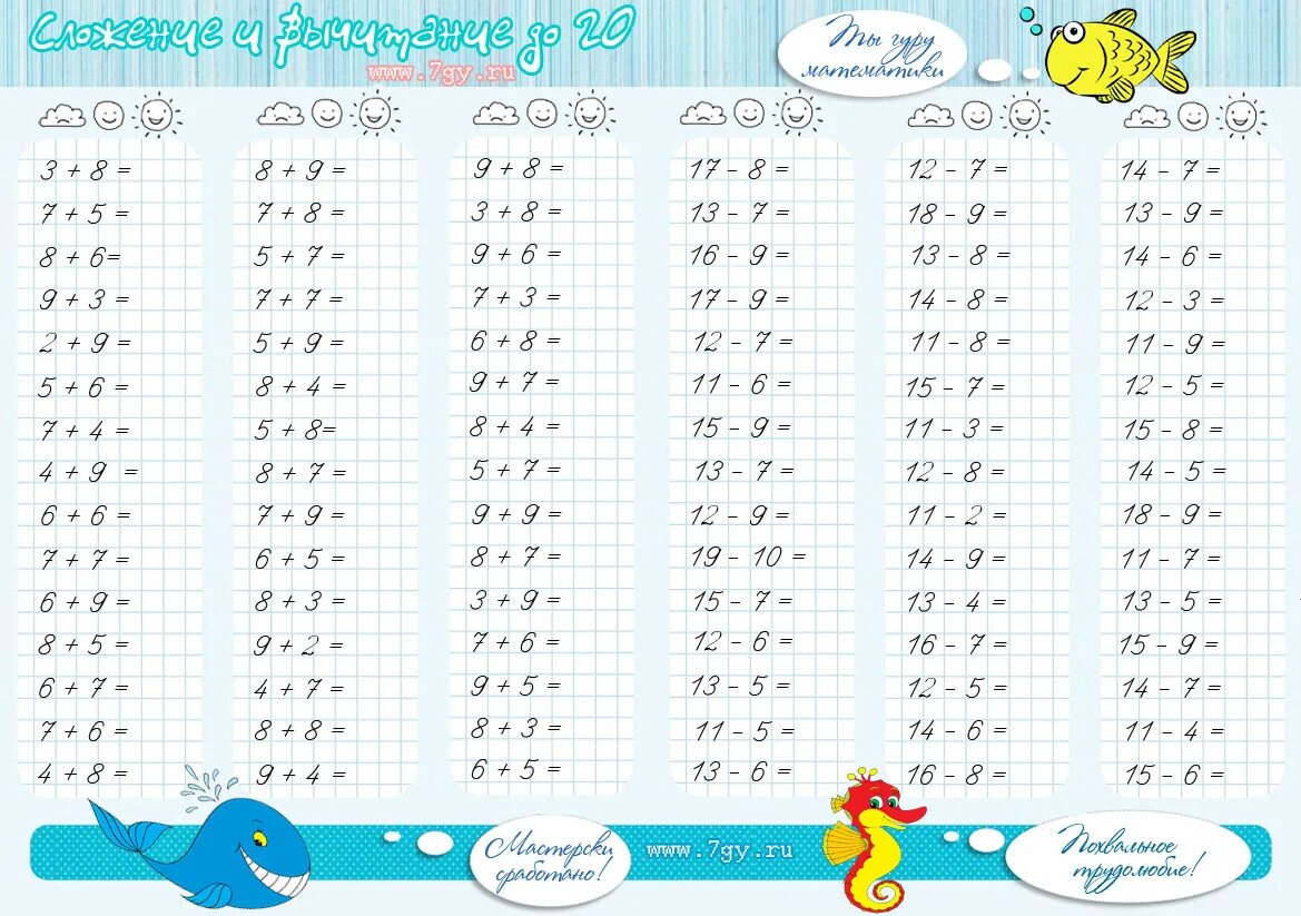 Примеры через десяток распечатать. Тренажер математике 1 класс счет в пределах 20. Тренажёр по математике 1 класс сложение и вычитание. Таблица сложения и вычитания в пределах 20 карточки. Тренажер таблица сложения и вычитания в пределах 20.