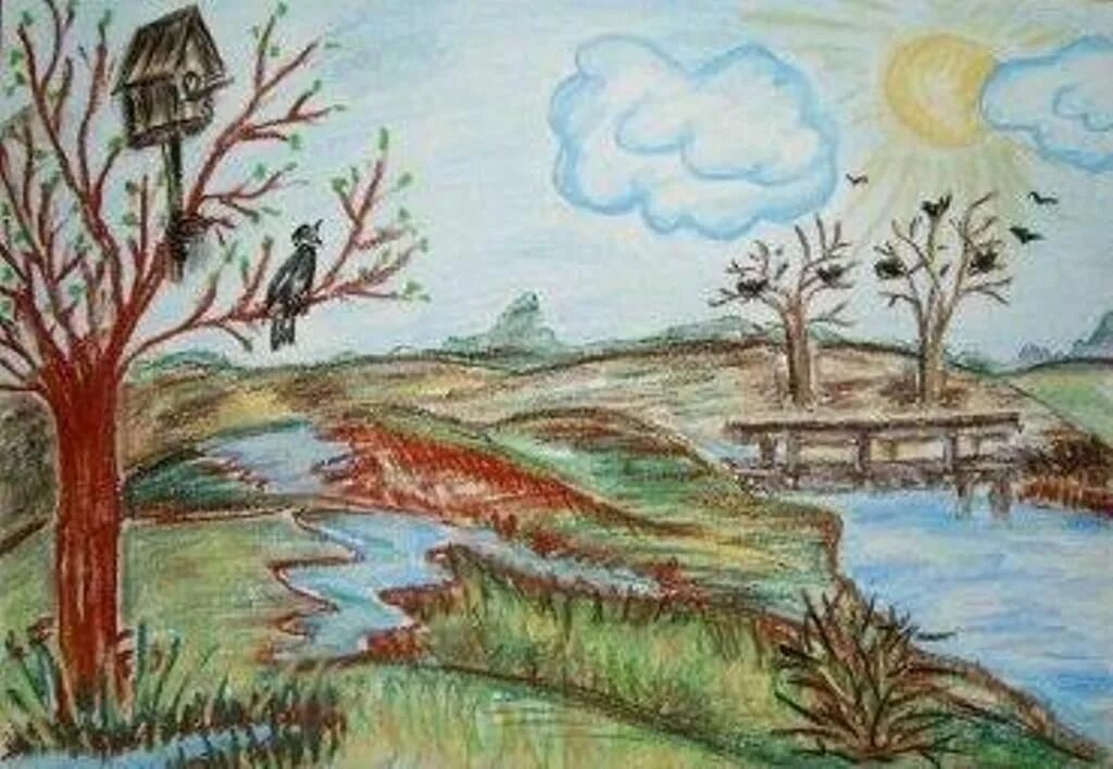 Рисунок весны цветными карандашами. Весенний пейзаж для детей. Пейзаж цветными карандашами для детей. Рисование весеннего пейзажа. Весенний пейзаж рисунок.
