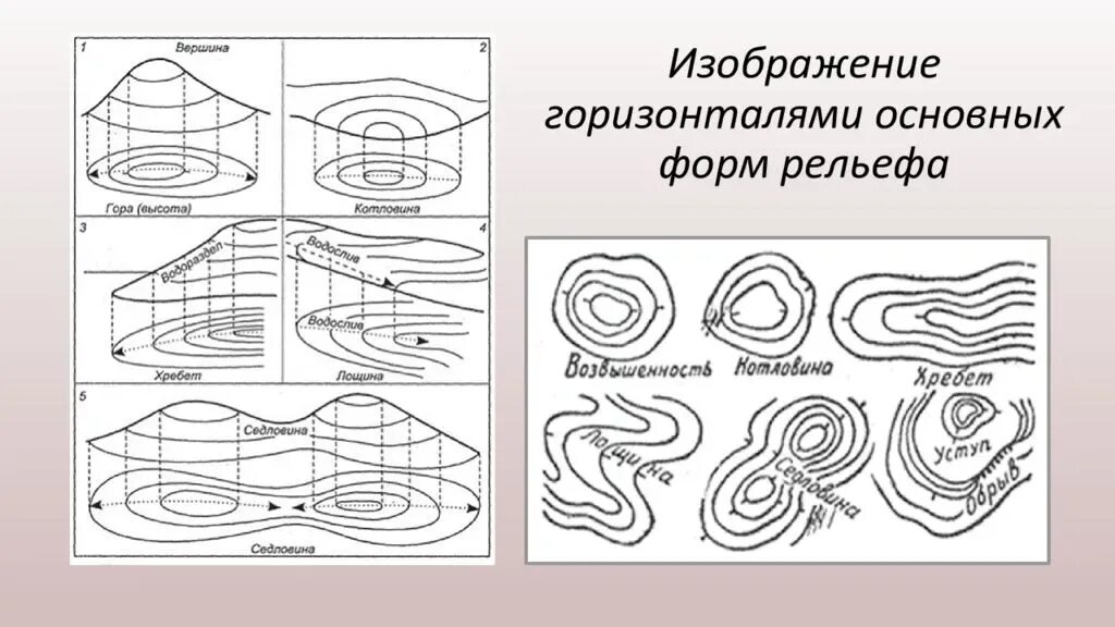 Формы изображения рельефа горизонталями на топографических картах. Изображение горизонталями основных форм рельефа. Изображение на картах горизонталями основных форм рельефа. Изображение рельефа изолиниями горизонталями.