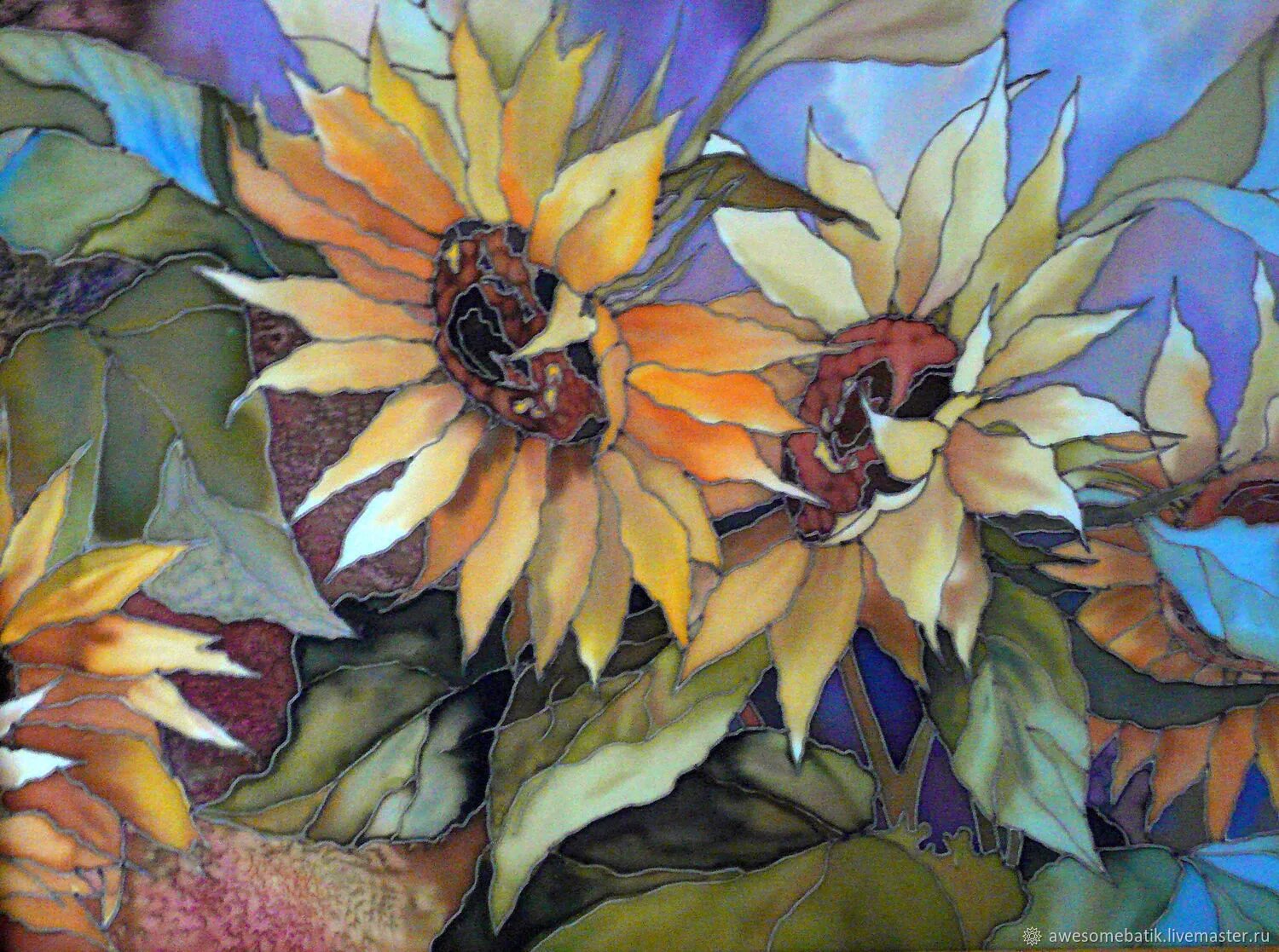 Изделия выполненные в технике батика. Холодный батик Подсолнухи. Горячий батик Подсолнухи. Горячий батик техника цветы.