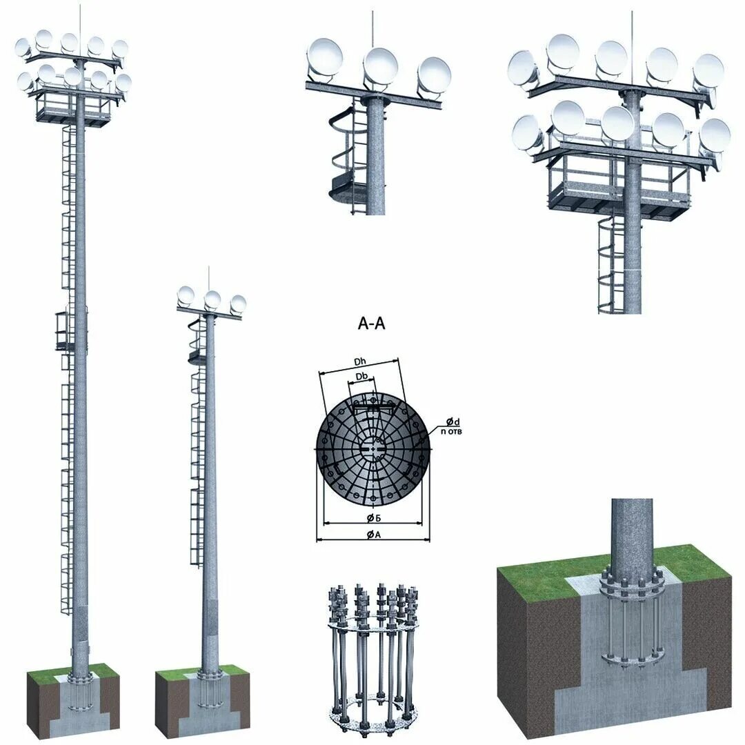 Мачта освещения МС-16. Мачта с мобильной короной МГФ-30-М(500)-V-6-Ц. Мачта МГФ-20. Мачты освещения МГФ-25. Опоры молниеотводов