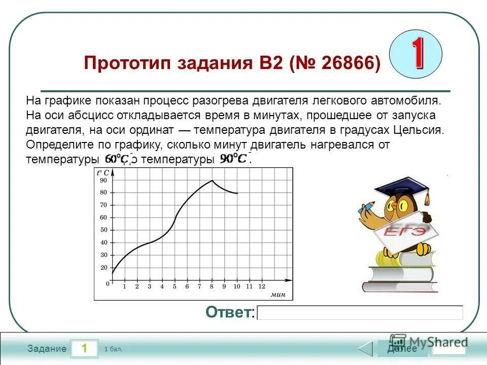 Определите сколько минут двигатель нагревался. На графике показан график разогрева двигателя легкового автомобиля. Графики зависимостей задание 2 ЕГЭ. Задания далее. Задание 7 ЕГЭ презентация математика.